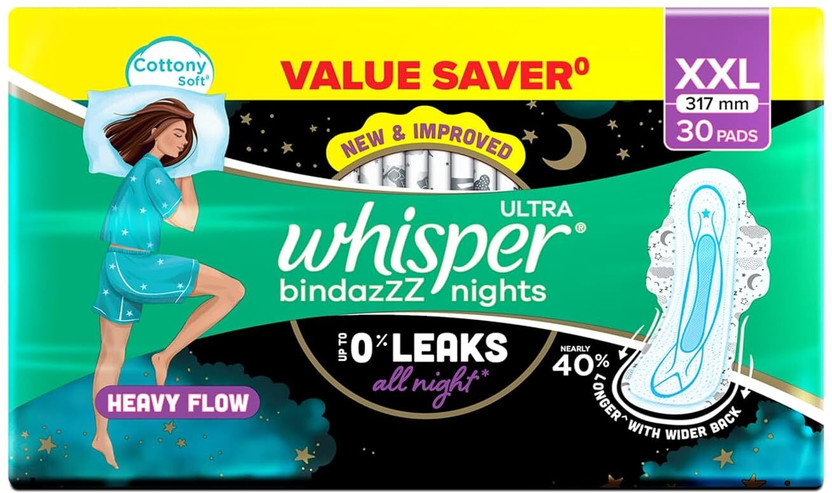 Whisper Bindazzz Nights 30 XXL Sanitary Pads, Upto 0% Leaks All