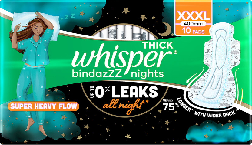 Whisper BINDAZZZ NIGHTS XXXL, UPTO 0% LEAKS ALL NIGHT LONG