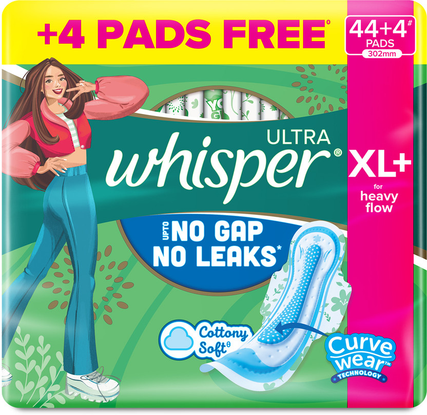 Whisper Ultra Upto No Gap No Leaks* Sanitary Pads, 48 XL+ Pads