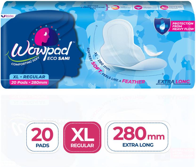 Wowpad Eco-Sani Sanitary Pads | 2X Dry Absorption | Extra Long & Comfortable Sanitary Pad