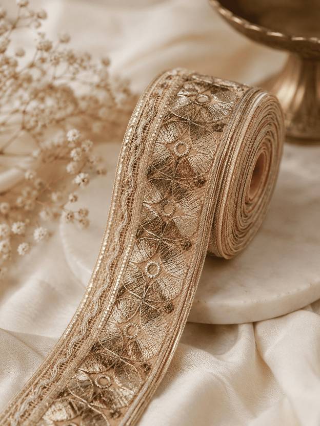 Dhanlaxmi Creation Peach, Gold & Bronze flower - 02 Lace Saree Falls