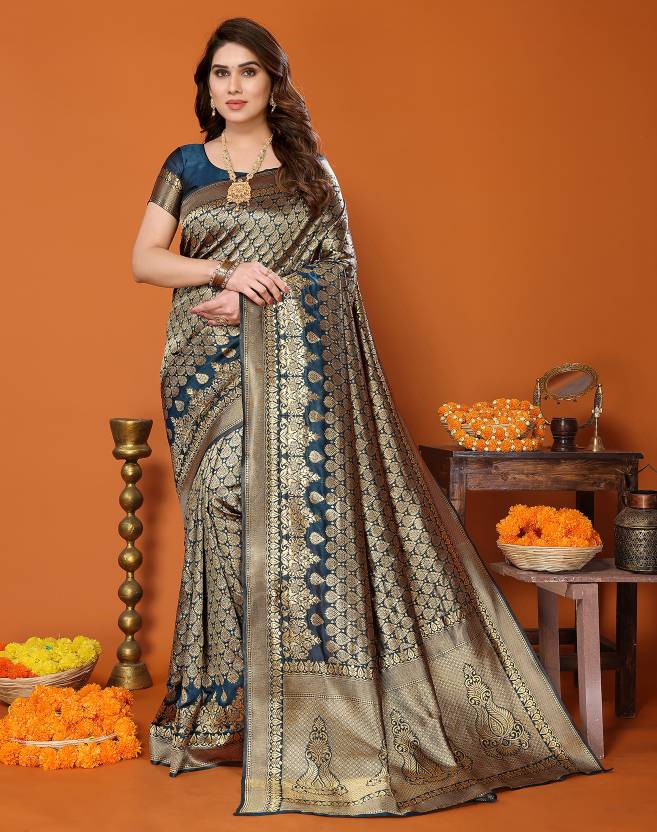 YASHIKA Self Design Kanjivaram Silk Blend Saree (Blue)