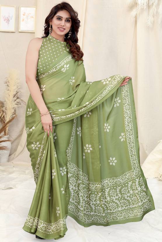MIRCHI FASHION Printed, Blocked Printed Hand Batik Chiffon, Georgette Saree (Light Green,…