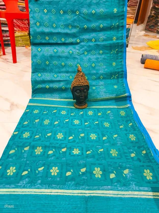 Averis collection Printed, Floral Print, Geometric Print Jamdani Cotton Blend Saree
