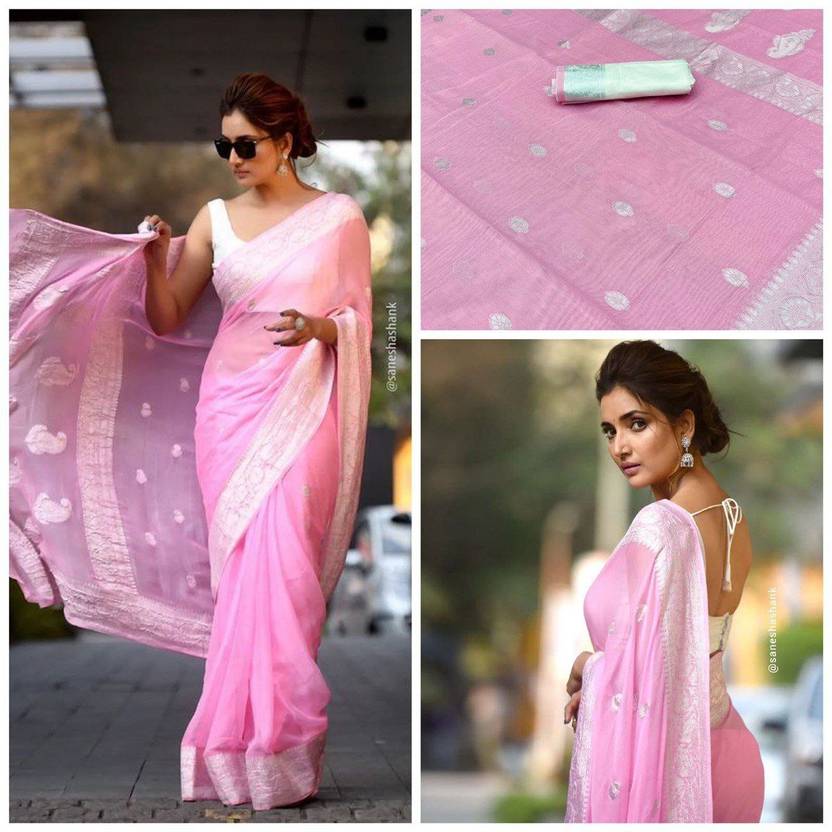 Woven, Embellished Banarasi Linen, Pure Cotton Saree  (Pink)
