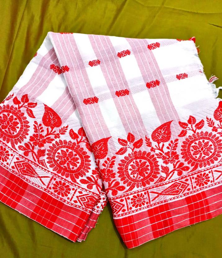 Saffron Self Design, Temple Border Tant Cotton Silk Saree