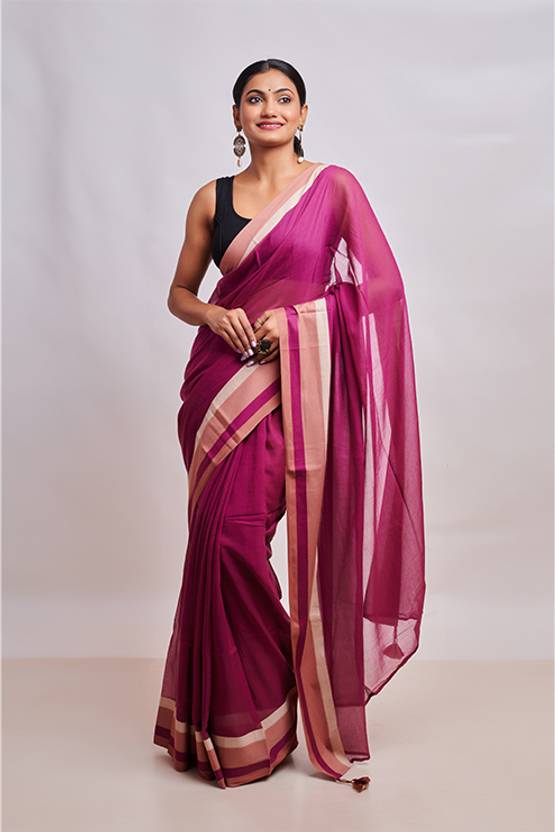 Drapedivine Solid/Plain, Striped Handloom Mulmul Saree