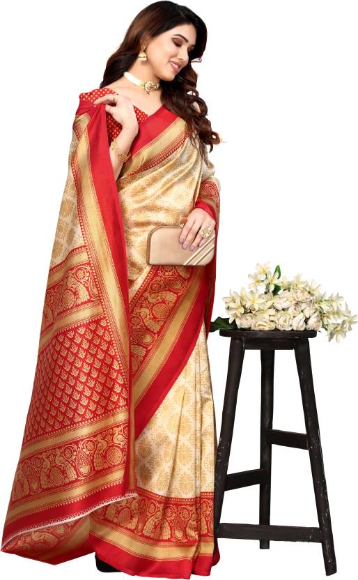 Pisara Printed Bollywood Art Silk Saree  (Beige, Red)