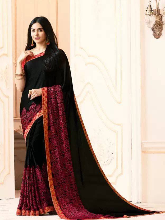 BLEESBURY Printed, Self Design, Graphic Print, Floral Print, Checkered, Solid/Plain Bollywood Silk Blend, Chiffon Saree