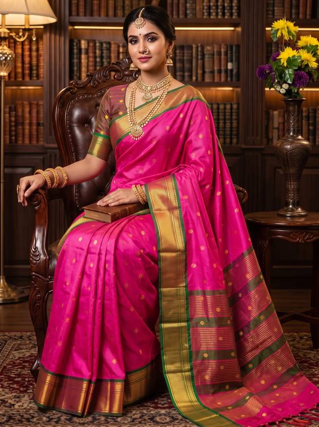 yourwish Woven Paithani Cotton Silk, Jacquard Saree