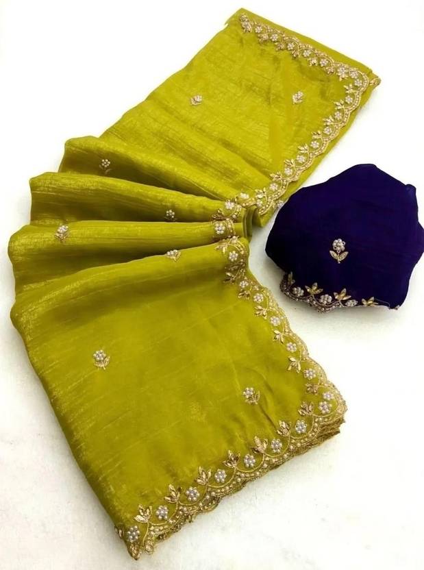 Tradivibe Embroidered, Floral Print Chanderi Georgette, Polyester Saree