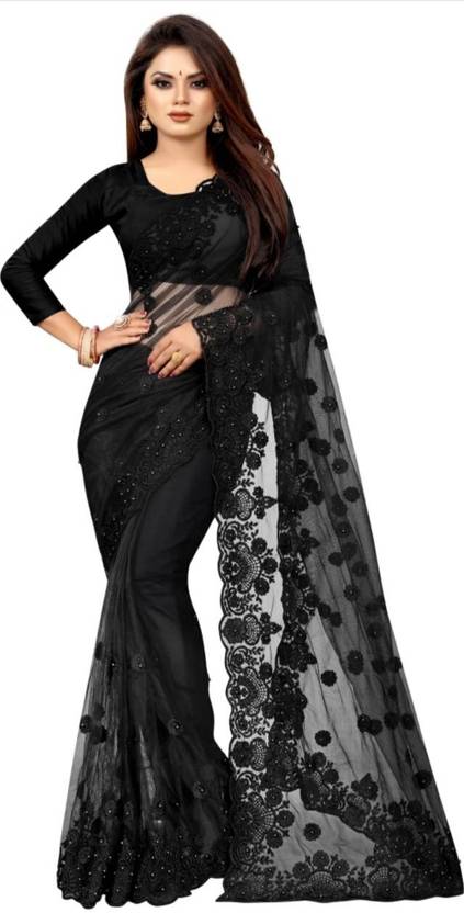 ANGEL BOUTIQUE Embroidered Bollywood Net Saree (Black)