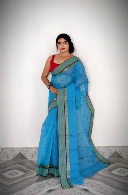 GitasStore Woven, Striped, Self Design Tant Pure Cotton Saree