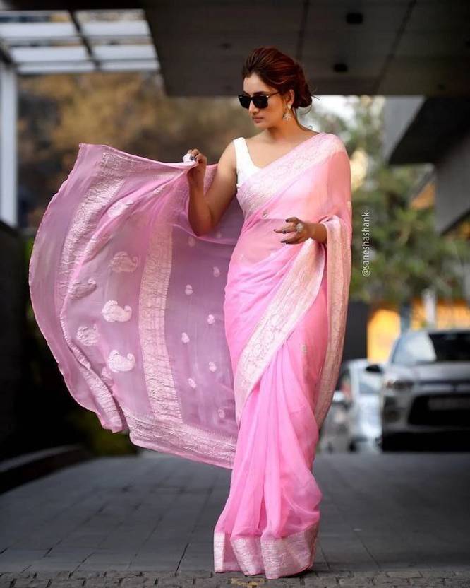Divastri Woven, Embellished Banarasi Linen, Pure Cotton Saree (Pink)