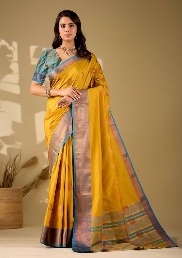 BHADRAVATI Woven, Paisley, Temple Border Banarasi Jacquard, Cotton Silk Saree