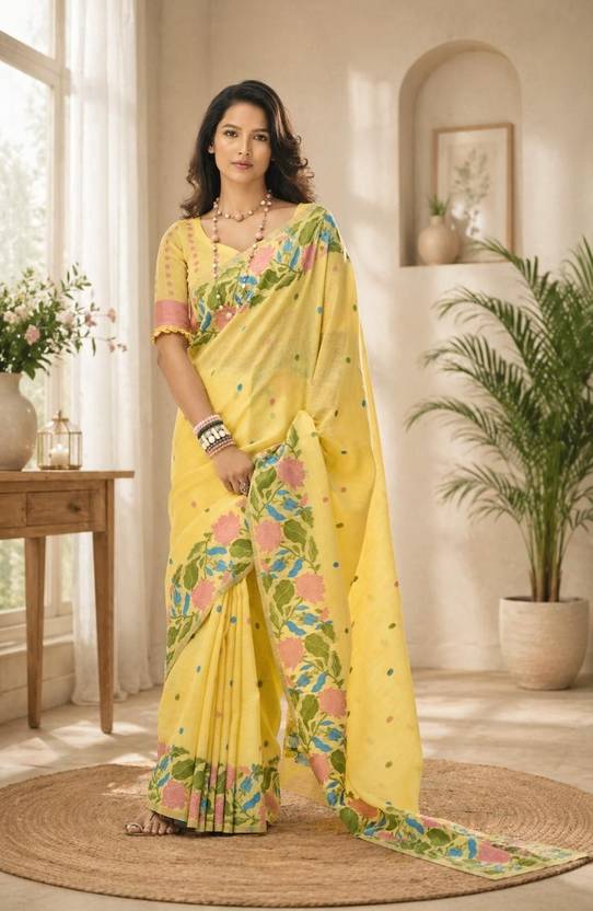 Anshal Floral Print Daily Wear Cotton Linen Saree