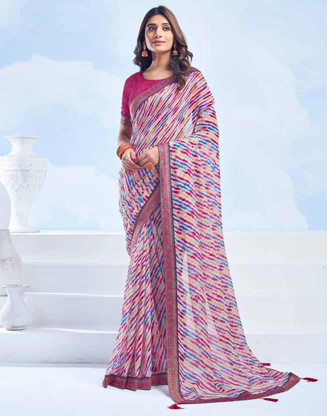 Satrani Geometric Print, Printed, Embellished Bollywood Chiffon, Lace Saree