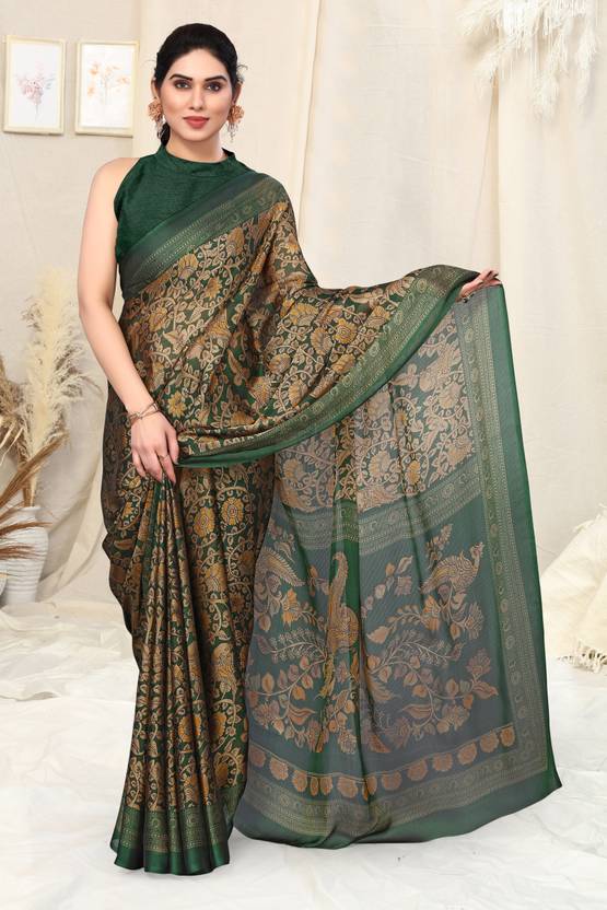 MIRCHI FASHION Printed, Floral Print Daily Wear Chiffon, Georgette Saree (Green, Beige)