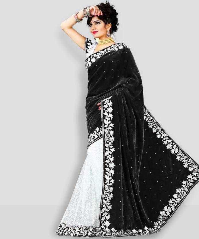 FoogFeb Embellished Bollywood Velvet Saree (Black)