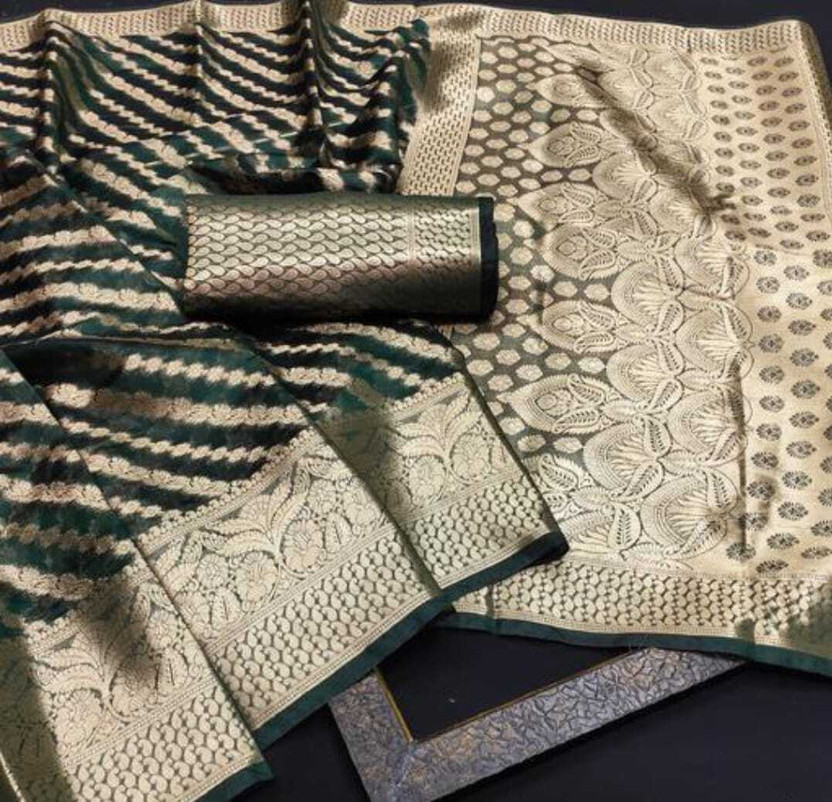 Navanari Woven Bollywood Organza Dark Green Sarees Online @ Best Price In India