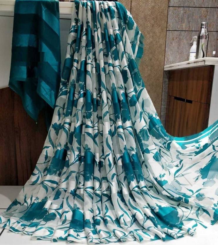 Bombey Velvat Fab Printed Kalamkari Silk Blend, Chiffon Saree