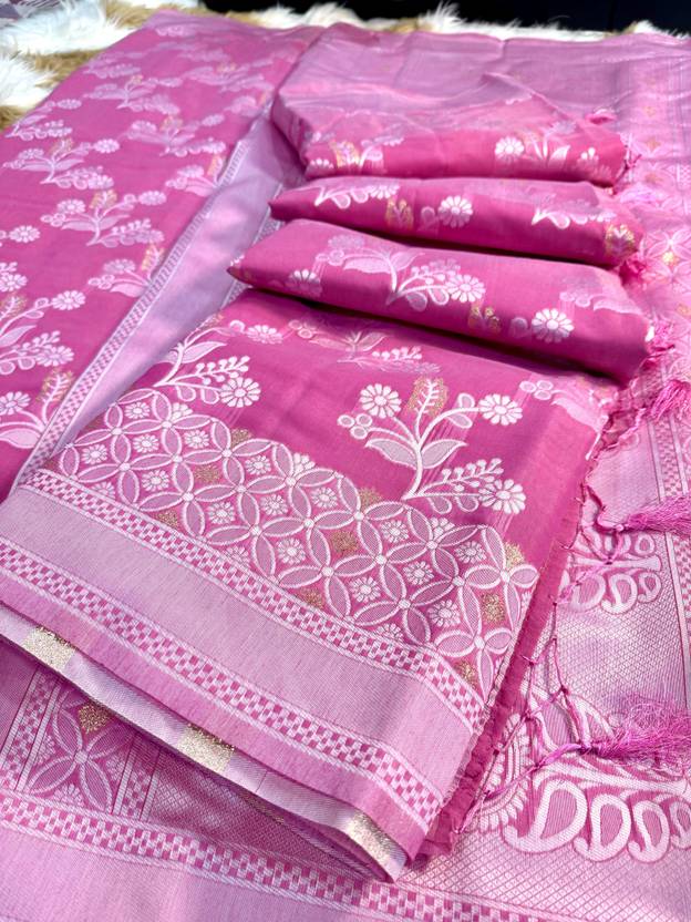 Banaras silk palace Woven Banarasi Cotton Silk Saree (Pink)