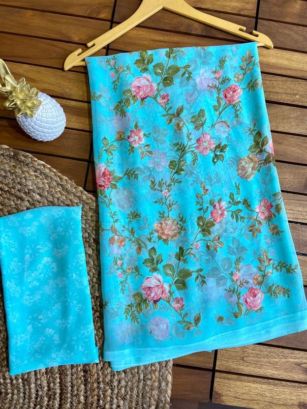 bhavika silk mills Printed, Self Design Daily Wear Georgette Saree (Pink, Light Blue)