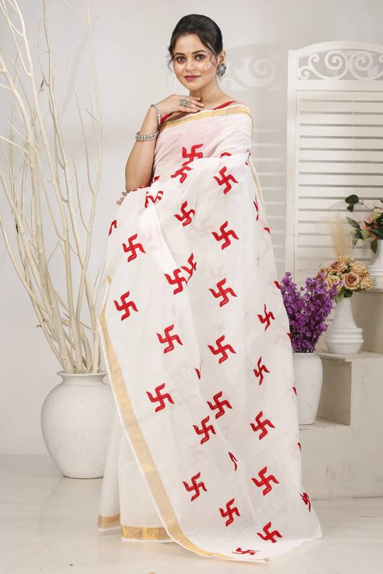 PuJoy Embroidered, Woven Tant Pure Cotton Saree