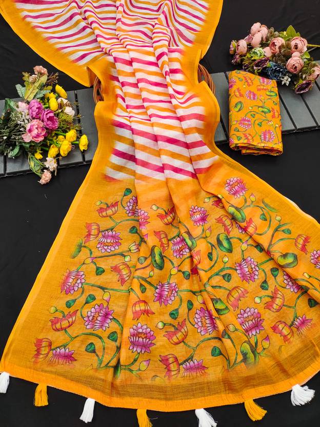 nirave fashion Printed Daily Wear Cotton Linen Saree