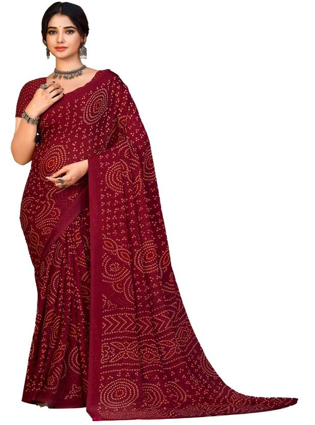 INDONIQ Graphic Print, Printed Bandhani Chiffon, Georgette Saree