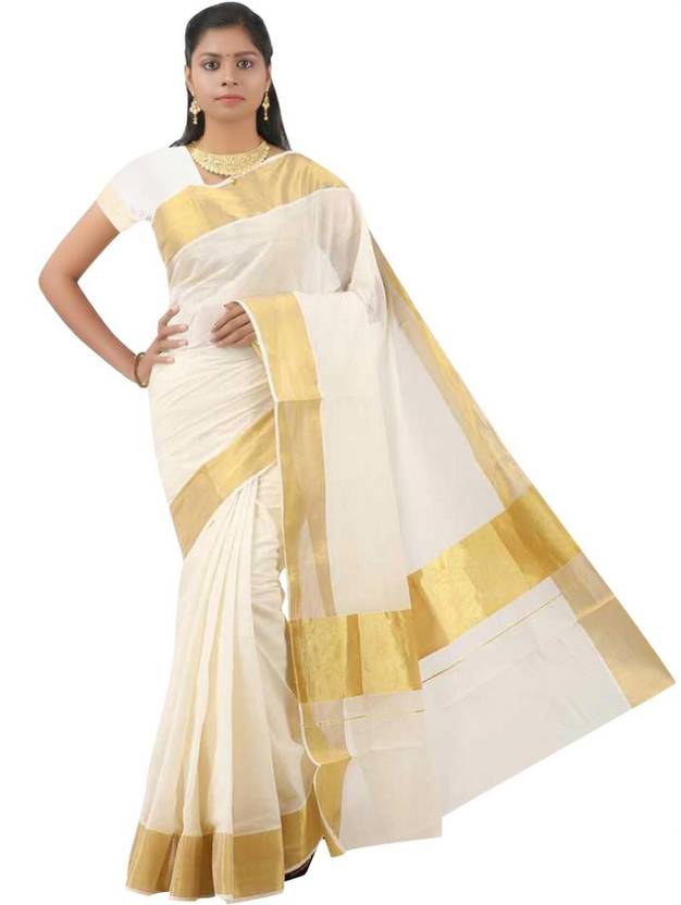 ANTIK Solid/Plain, Woven Kasavu Cotton Silk Saree