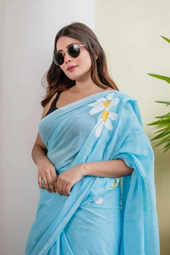VILLAGIUS Floral Print Handloom Pure Cotton Saree (Light Blue)