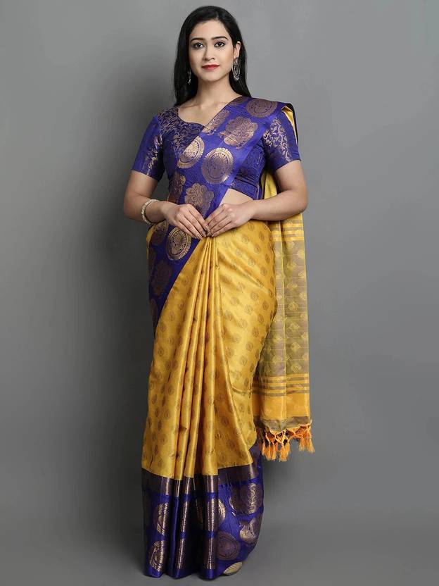 Embellished, Floral Print, Printed, Self Design, Temple Border, Solid/Plain, Woven Kanjivaram Cotton Silk, Art Silk Saree (Yellow)