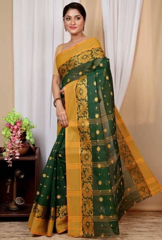 GitasStore Woven, Floral Print, Self Design Tant Pure Cotton Saree
