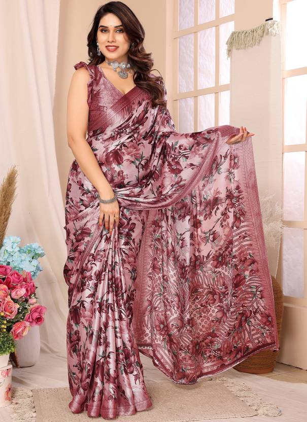 KING VULTURE Printed, Digital Print, Floral Print Bollywood Chiffon, Organza Saree (Pink,…