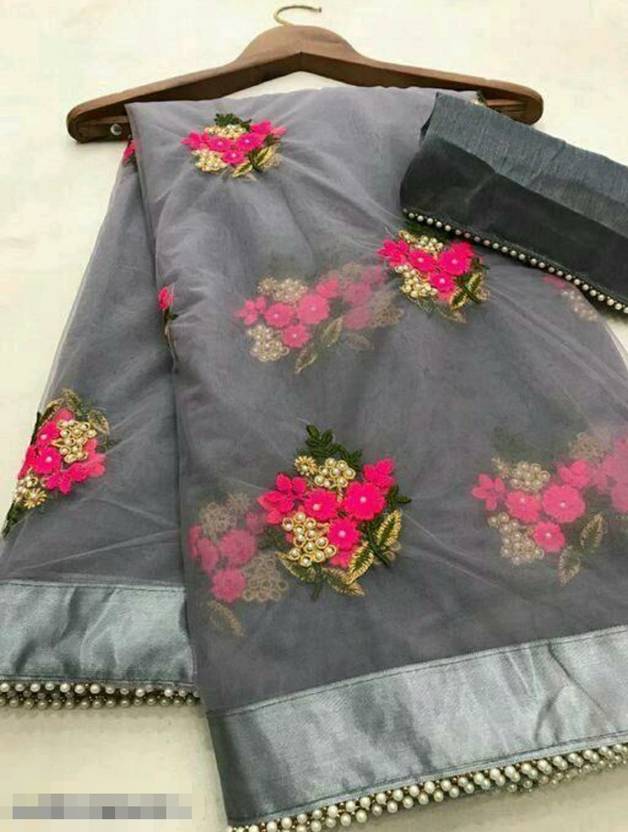 vallavi fashion Embroidered Bollywood Net Saree (Grey)