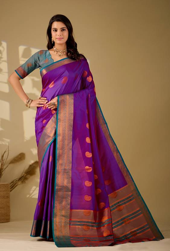 BHADRAVATI Woven, Paisley, Temple Border Banarasi Jacquard, Cotton Silk Saree