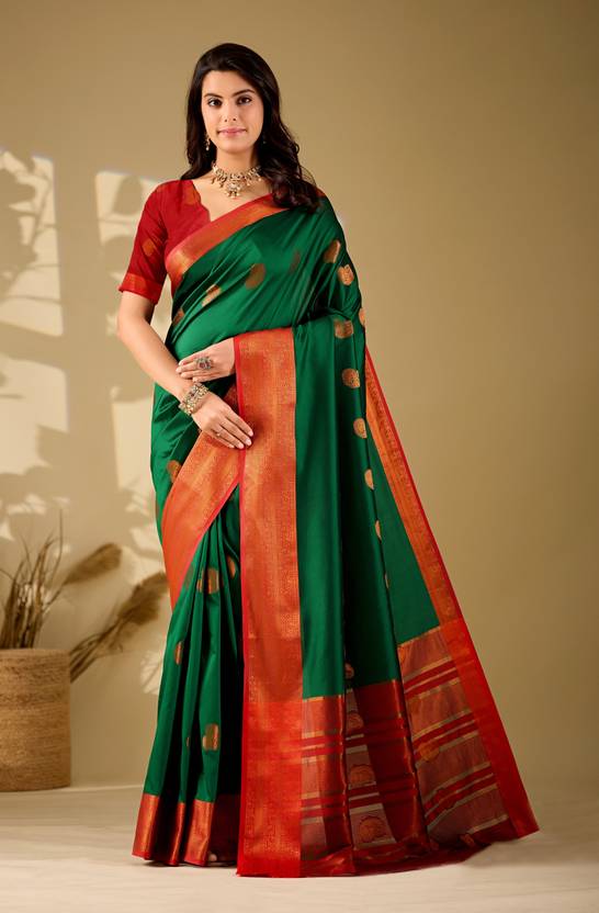 BHADRAVATI Woven, Paisley, Temple Border Banarasi Jacquard, Cotton Silk Saree