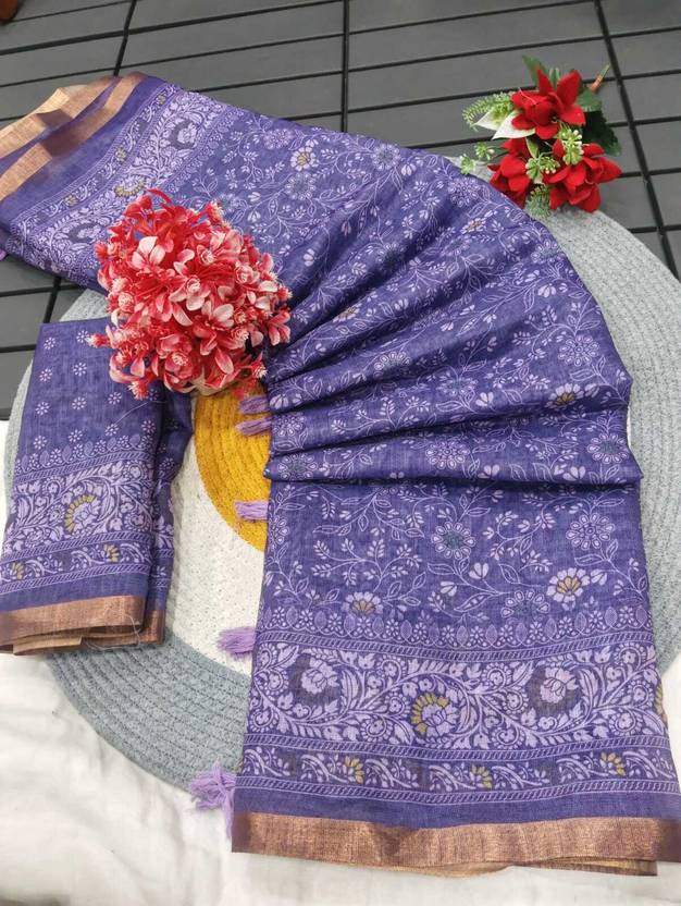 Anshal Floral Print, Printed Ikkat Cotton Linen Saree
