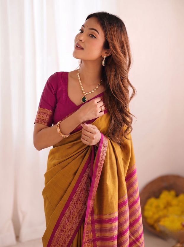 ASTIKA Fashion Yellow Cotton Silk Saree - Image 1