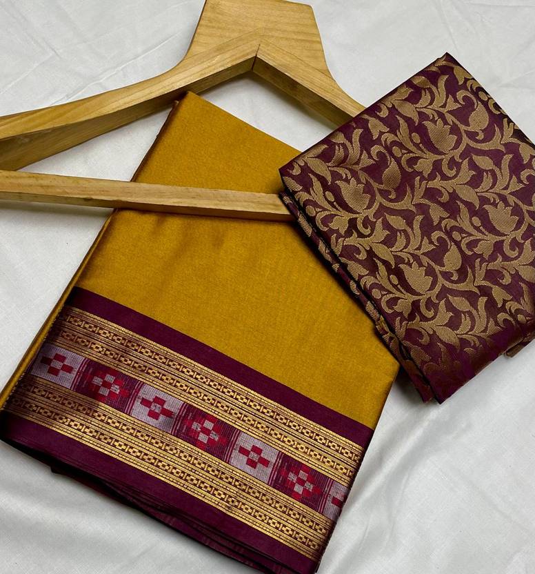 Fashion Club Collection Woven Kanjivaram Cotton Silk Saree (Mustard)