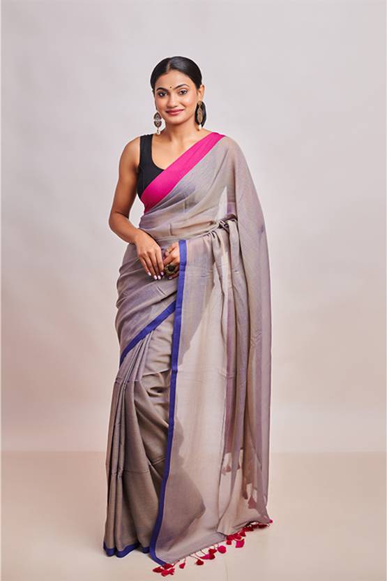 Drapedivine Solid/Plain, Striped Handloom Mulmul Saree