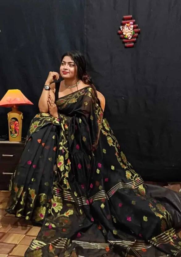 GitasStore Woven, Floral Print, Geometric Print Tant Cotton Silk Saree