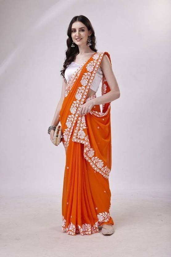 HESVI Embroidered Lucknow Chikankari Art Silk Saree