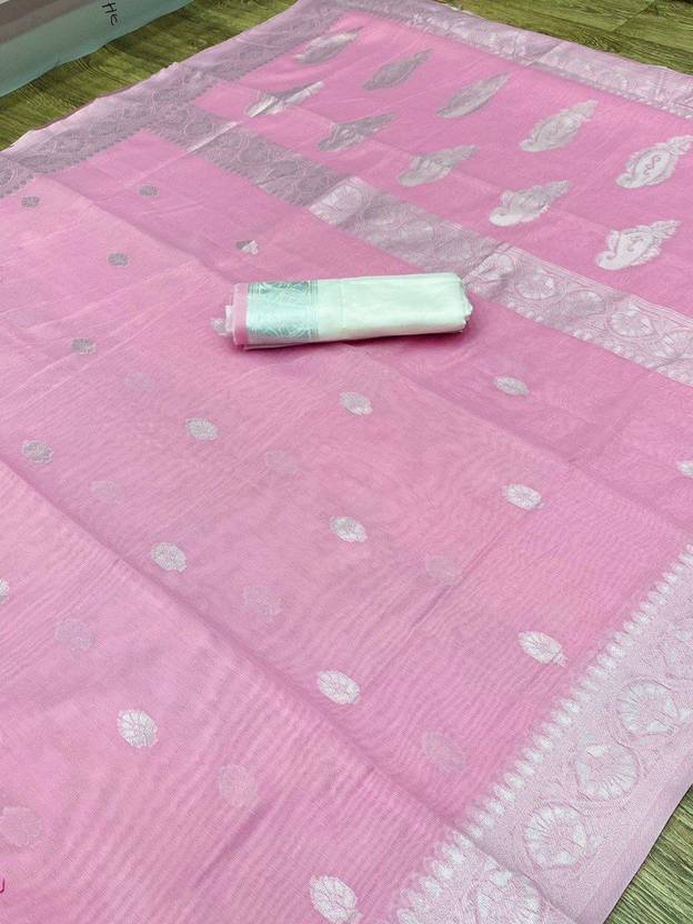 Woven, Embellished Banarasi Linen, Pure Cotton Saree  (Pink)
