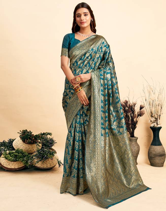 Samah Embellished, Woven, Self Design Banarasi Silk Blend, Jacquard Saree (Blue, Gold)