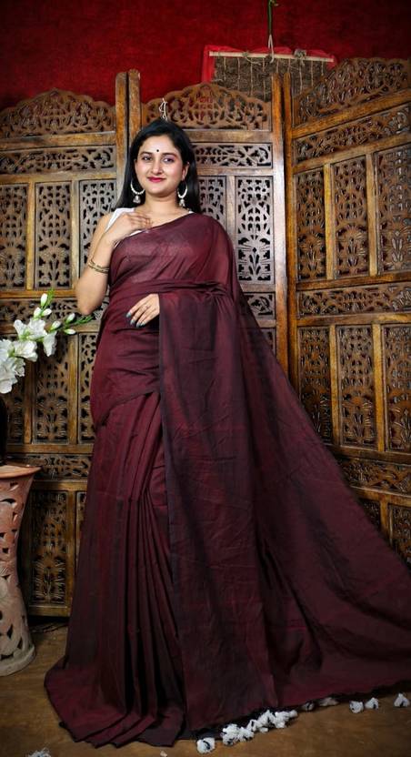 BDF Bikash Datta Fashion Solid/Plain Handloom Cotton Silk Saree