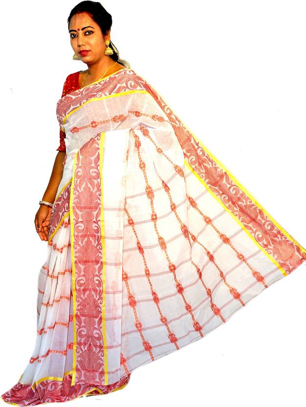 PuJoy Self Design, Woven Tant Pure Cotton Saree
