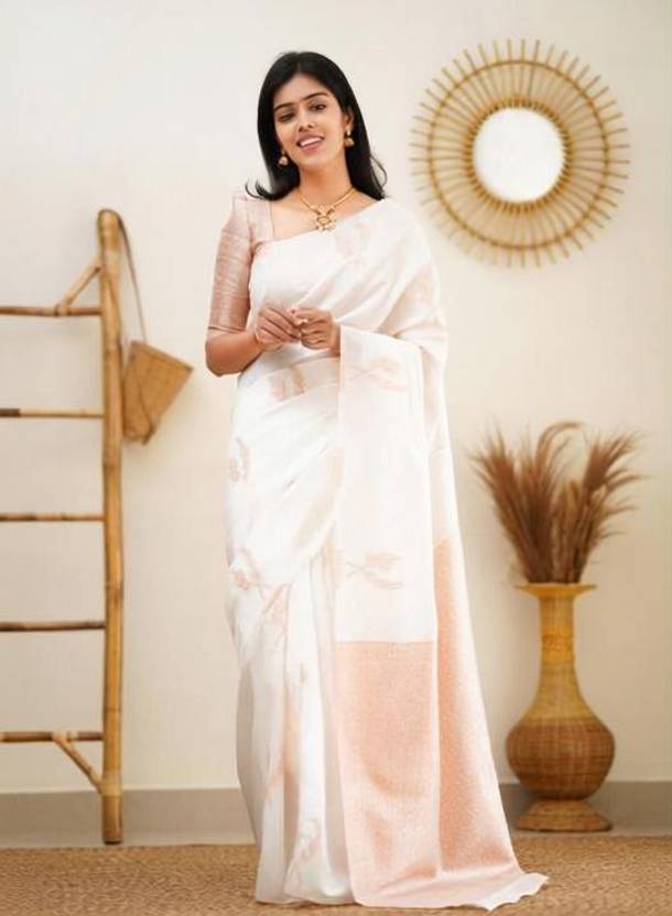 KRIYANSH Self Design, Woven, Applique, Printed, Temple Border, Striped Kanjivaram Jacquard, Cotton Blend Saree