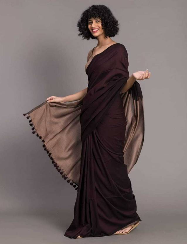 Binay textile Color Block Handloom Cotton Silk Saree (Brown)